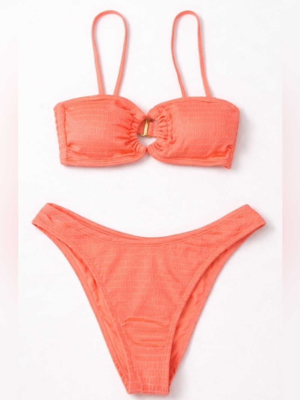 Isabella Rose Bikini Set Medium Neon Coral Textured Bandeau High Cut Swim Size M